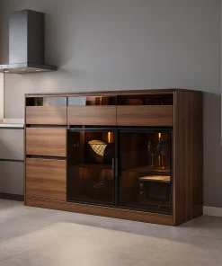 Contemporary Buffet Sideboard With Glass Doors And Storage Shelves