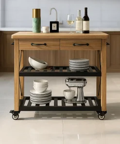 Modern Wooden Kitchen Island Cart With Storage And Wheels