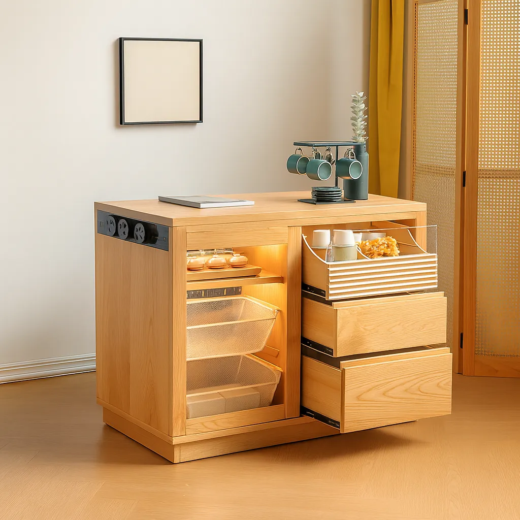 Modern Wooden Kitchen Island With Storage And Power Outlets
