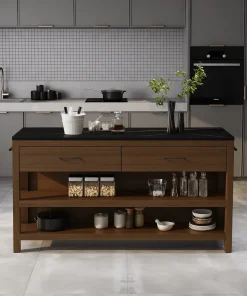 Modern Wooden Kitchen Island With Storage Shelves And Drawers