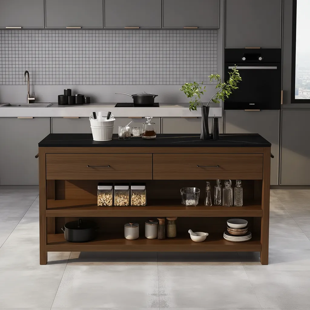 Modern Wooden Kitchen Island With Storage Shelves And Drawers