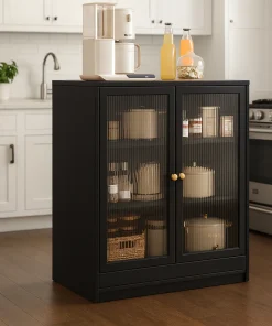Modern Wooden Kitchen Storage Cabinet With Glass Doors