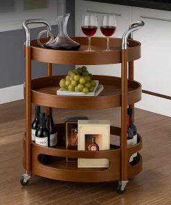 Alternative view of Modern Wooden Round Bar Cart With Tiers And Wheels