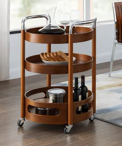 Modern Wooden Round Bar Cart With Tiers And Wheels