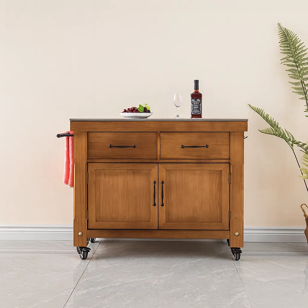 Wooden Kitchen Island Cart With Storage Cabinets And Drawers - Image 2