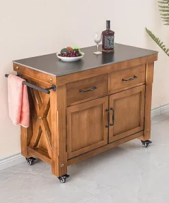 Wooden Kitchen Island Cart With Storage Cabinets And Drawers