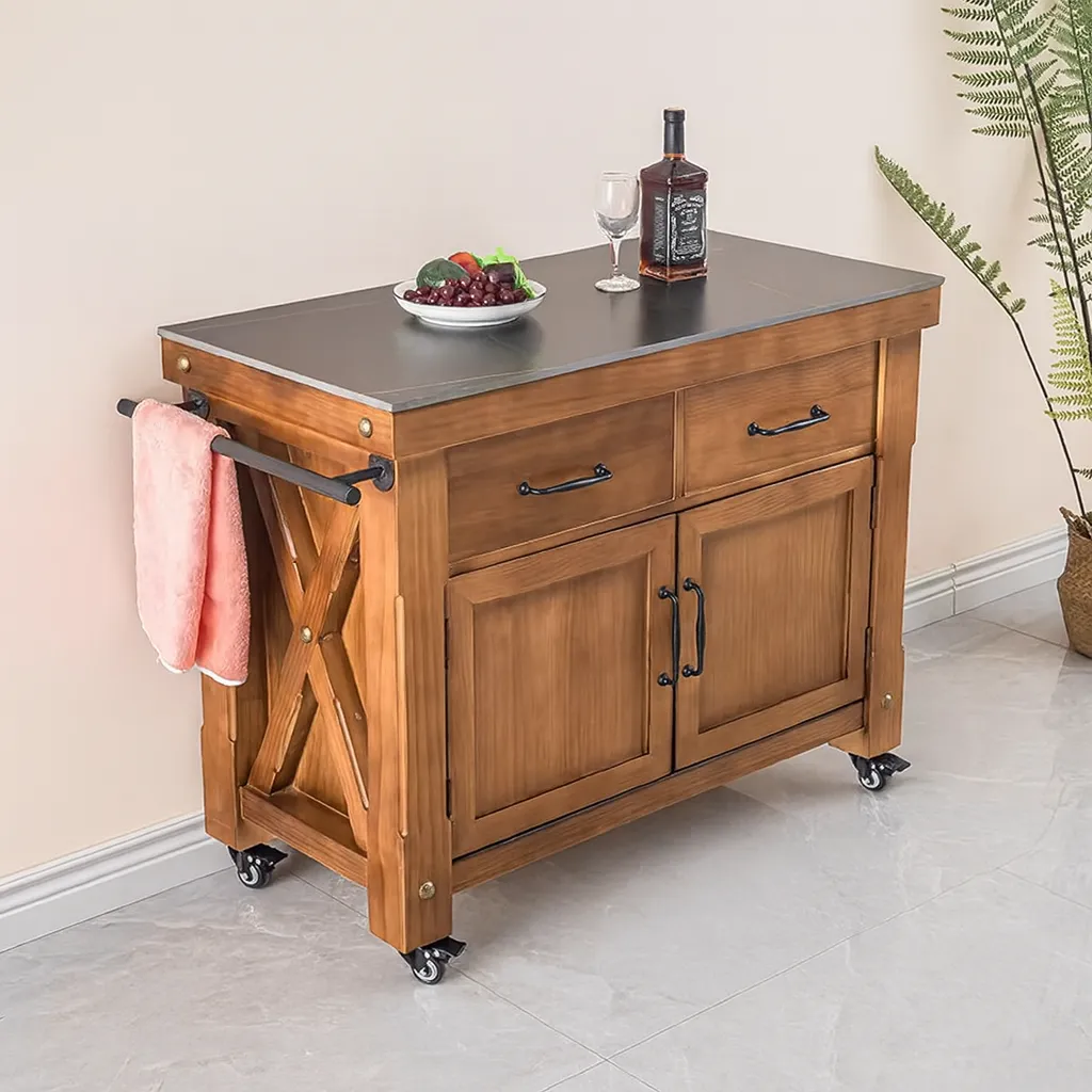 Wooden Kitchen Island Cart With Storage Cabinets And Drawers